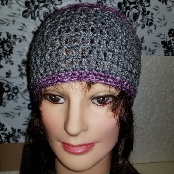 Adult Teen Beanie Grey Purple Heather Crochet Cable Knit Winter Watch Cap Hat - Picture 4 of 4